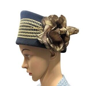 Vintage Michael Howard 100% Wool Black Hat Gold Bow Miss Bierner OSFM